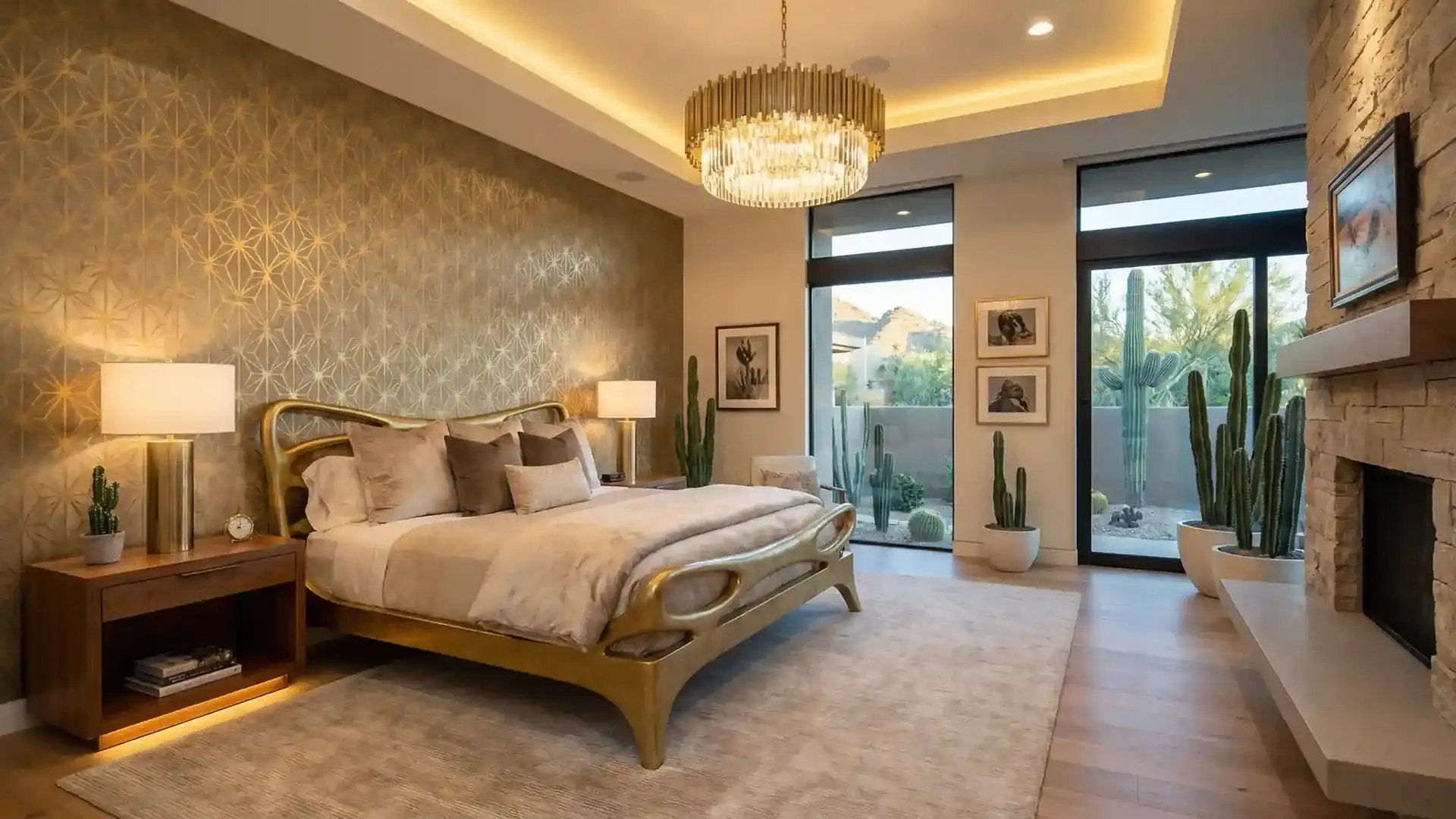 T & R Wallcovering installer fitting hand-blocked wallcovering on a Las Vegas master suite feature wall
