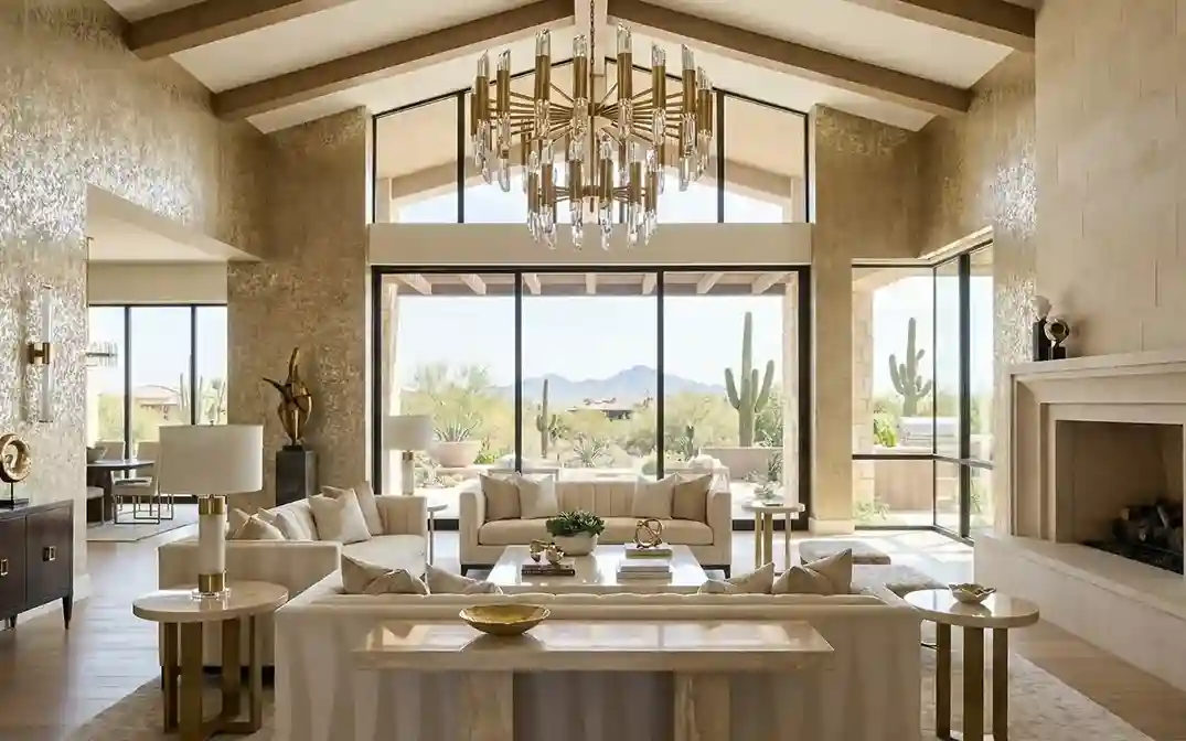 Las Vegas great room with metallic-leaf wallcovering and floor-to-ceiling desert mountain view installed by T & R Wallcovering